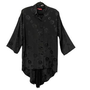 Vintage Susan De Blouse Medium Black Button Up High Low Pleated Back 3/4 Sleeve
